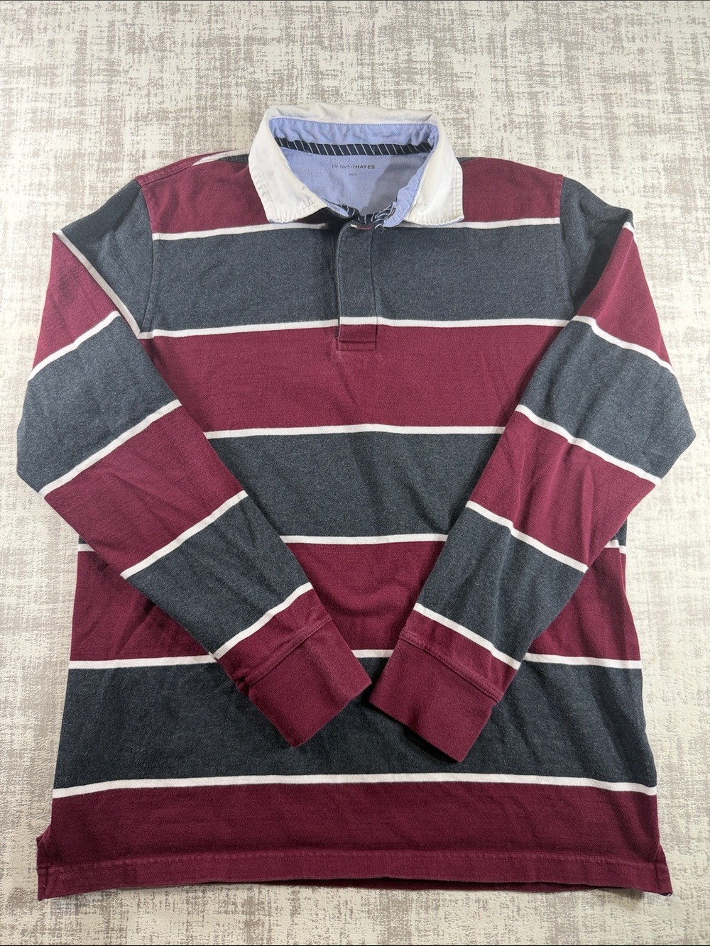 Denver Hayes Men's Striped Long-Sleeve Rugby Polo - Burgundy & Charcoal Size Med